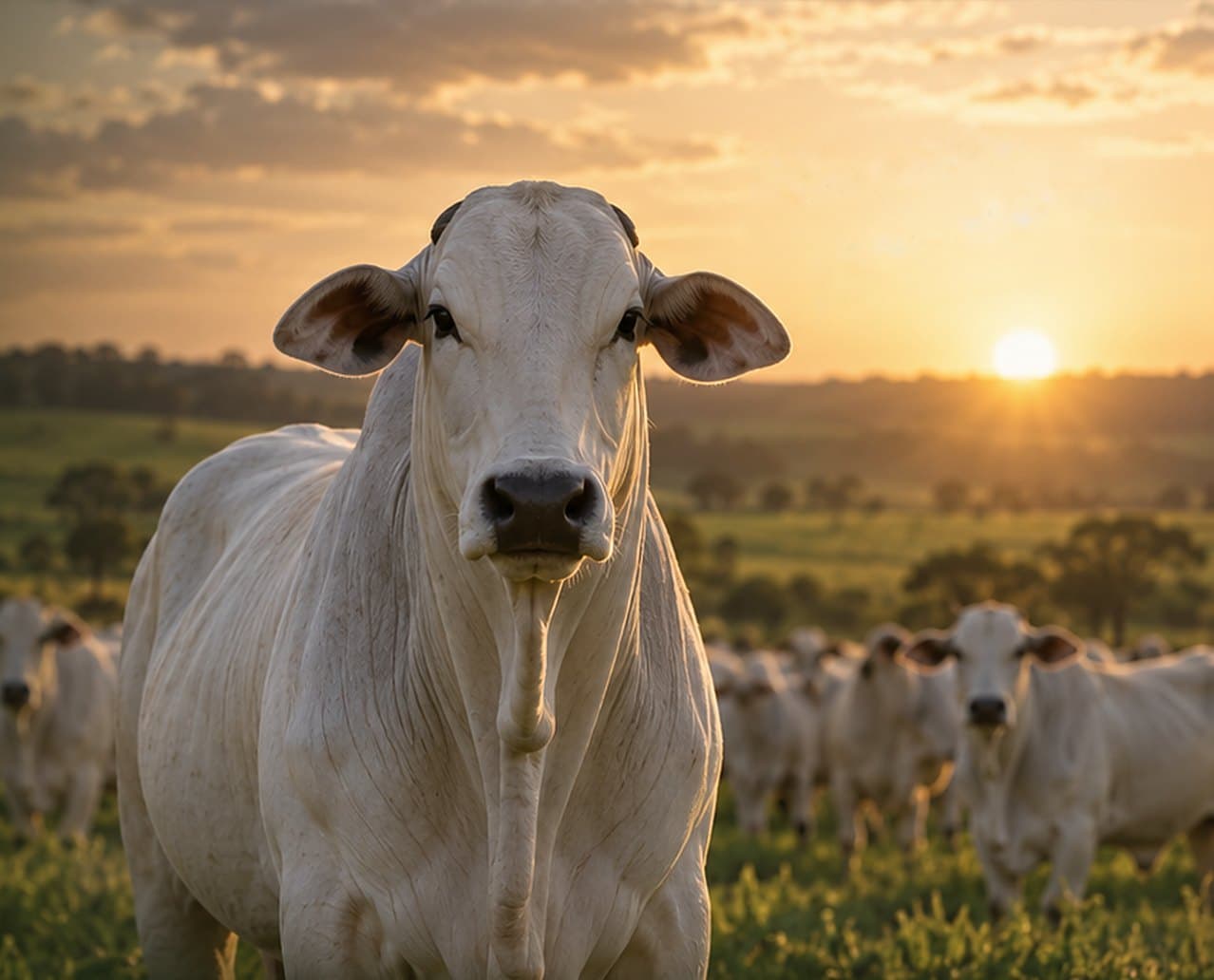 Gado nelore no pasto ao pôr do sol, com o rebanho ao fundo