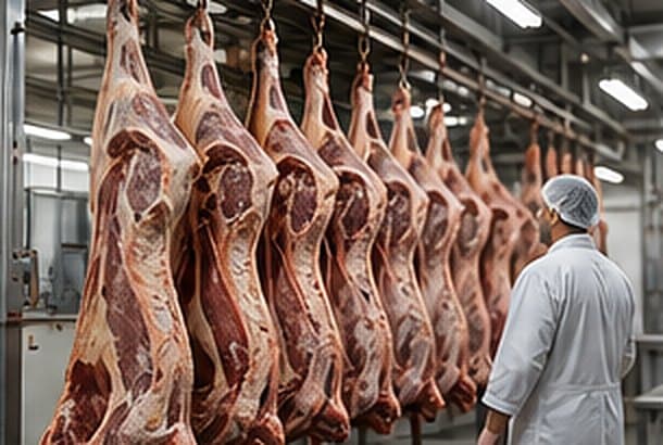 Carcaças bovinas em linha de processamento de frigorífico, com funcionário de jaleco